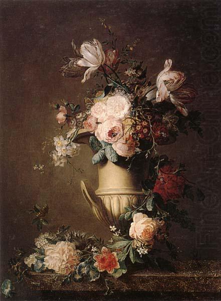 unknow artist A Still life of various flowers in a sculpted urn,resting on a marble-topped table